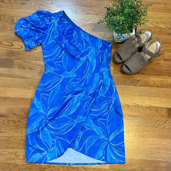 Adelyn Rae Women’s Medium Blue Floral Tropical Sonia One Shoulder Dress Vaca - Picture 1 of 13